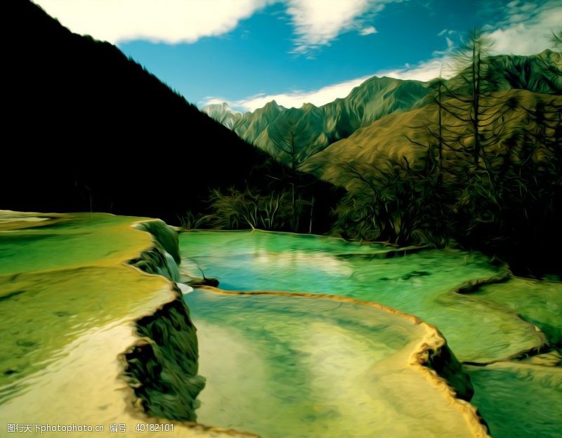 自然景观温泉风景油画图片