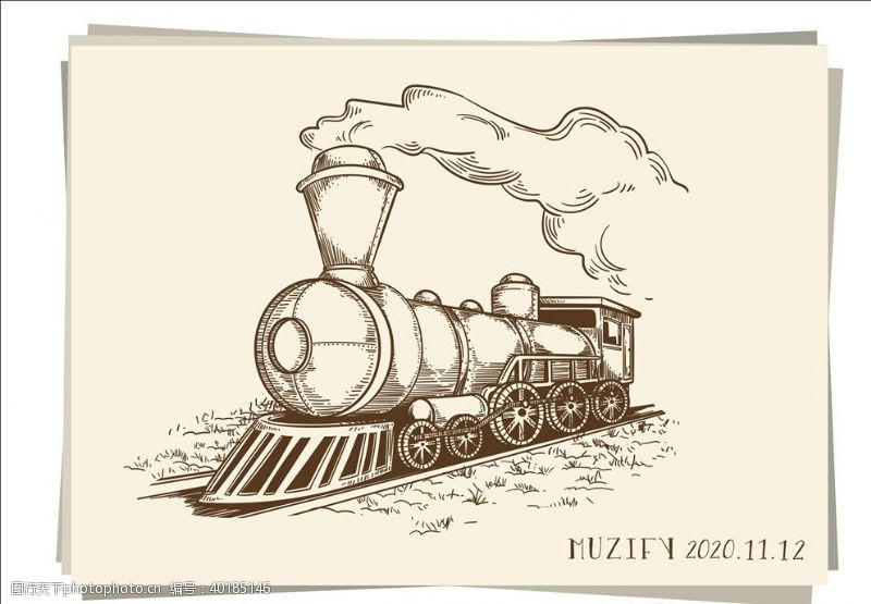 铁路行驶的火车素描画图片