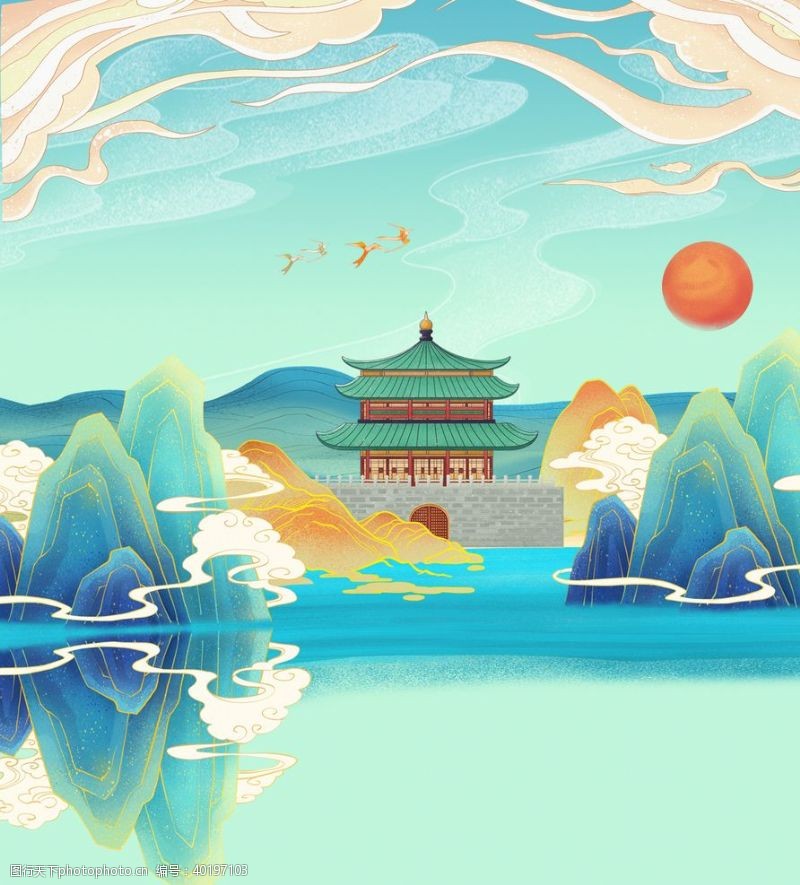 手绘古建筑中国风背景图片