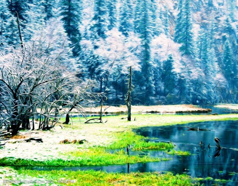 落叶背景冬雪山水风景油画图片