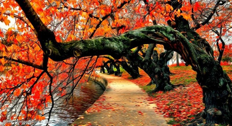 落地秋天红叶风景油画图片