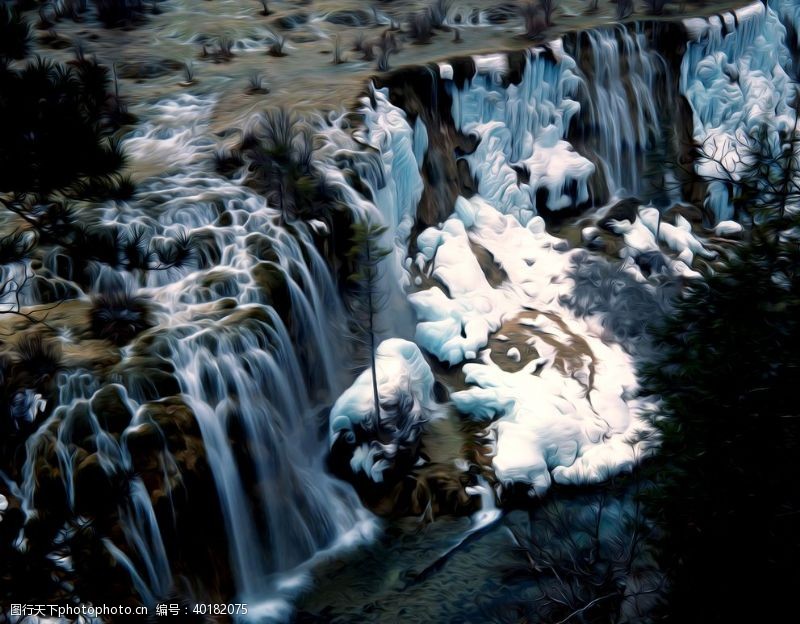 自然景观山水瀑布风景油画图片