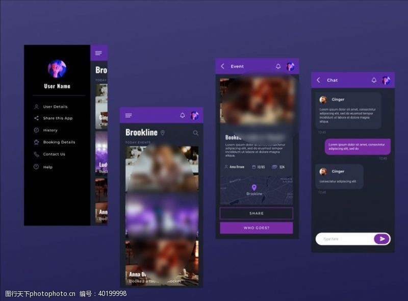 聊天xd社交紫色UI设计侧滑菜单页图片