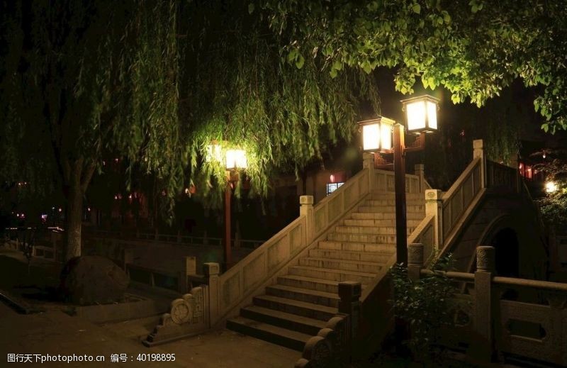 建筑园林夜景柳树石桥图片