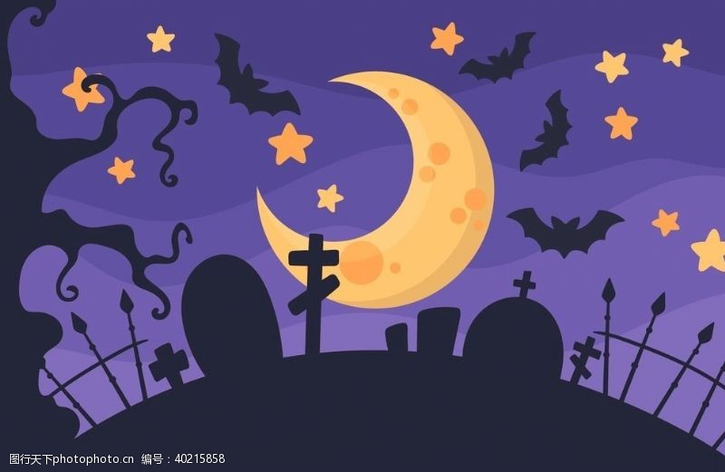 卡通南瓜创意夜晚月光下的墓地矢量图片