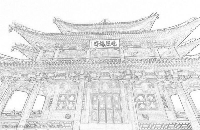 商城河西省古建筑线性稿图片
