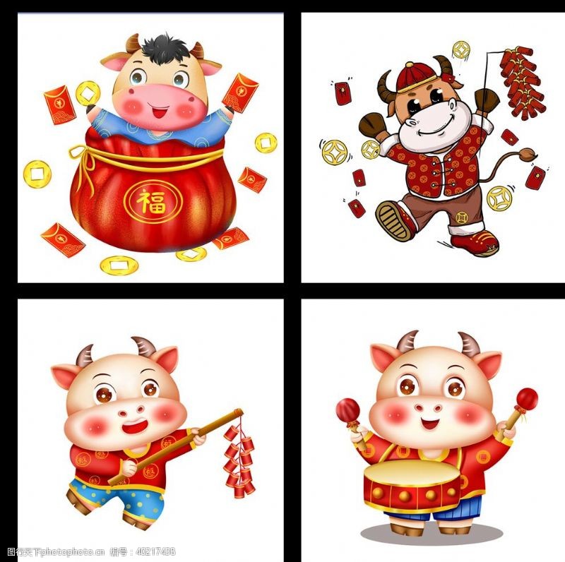 中国联通敲锣打鼓牛年插画图片