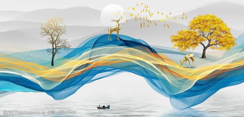 艺术树轻奢麋鹿山水装饰画图片