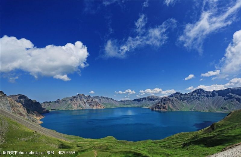 蓝天草地花朵天池图片