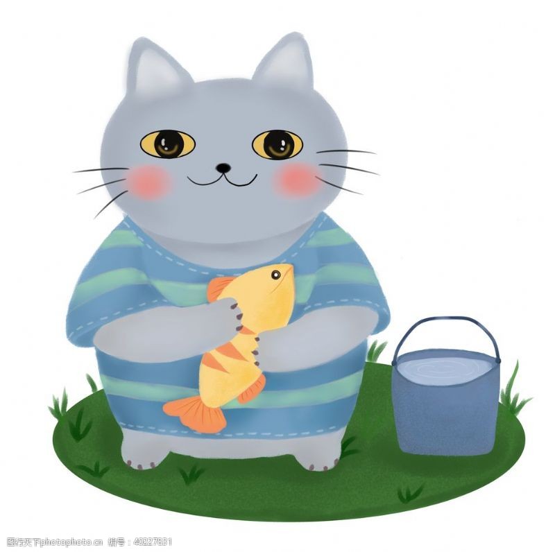 简笔画抱着鱼的猫插画图片