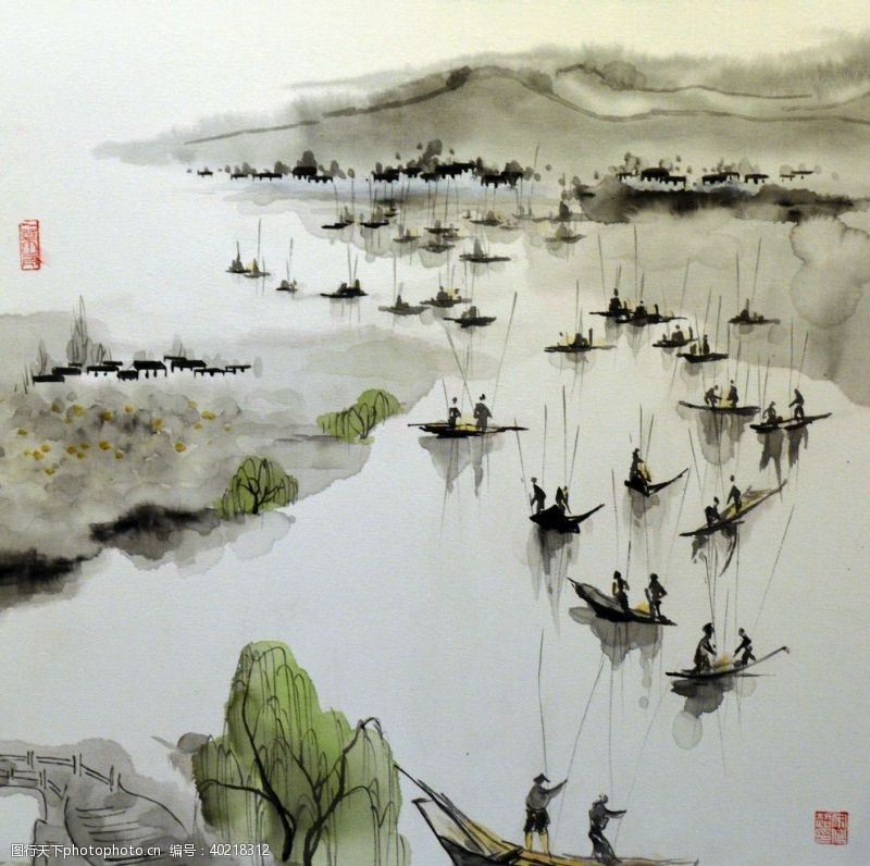 古代水墨画江南山水装饰画图片