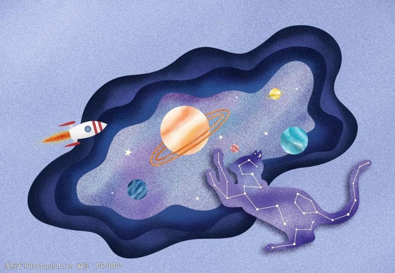 梦幻肌理插画分层猫咪星球图片