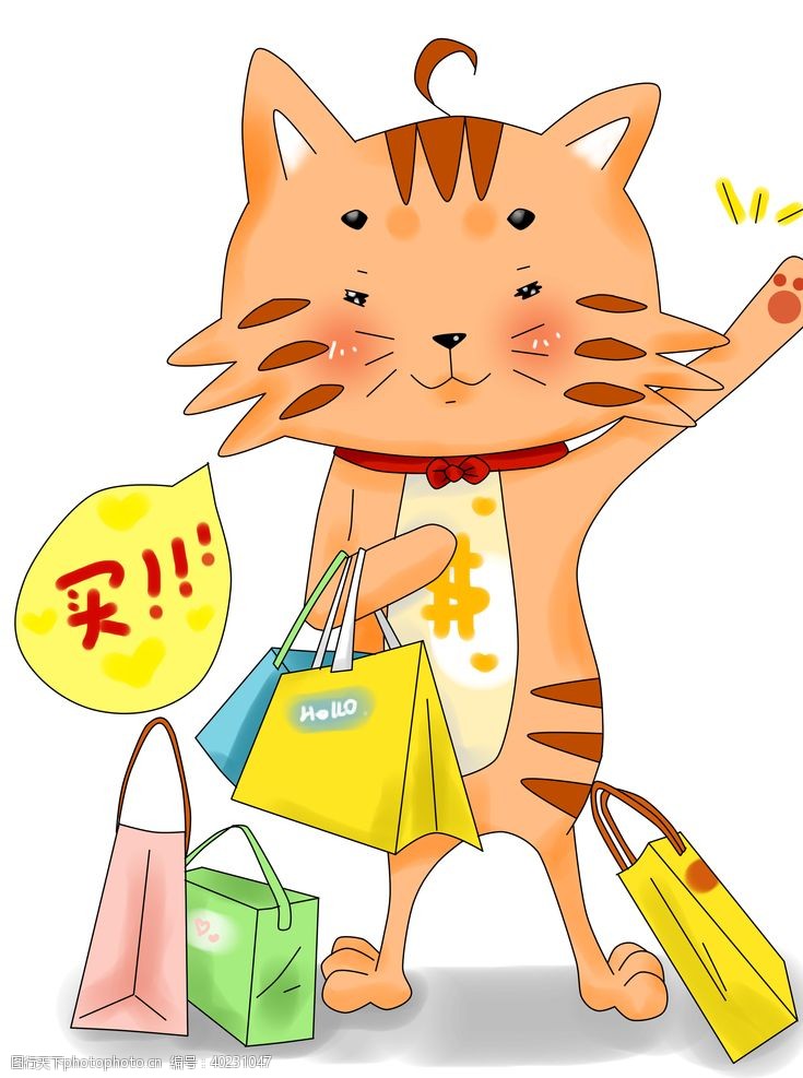 卡通线条拿疯狂购物的小猫图片