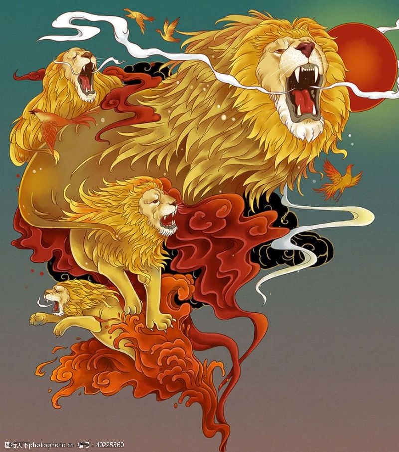 背景设计素材雄狮复古插画卡通背景素材图片