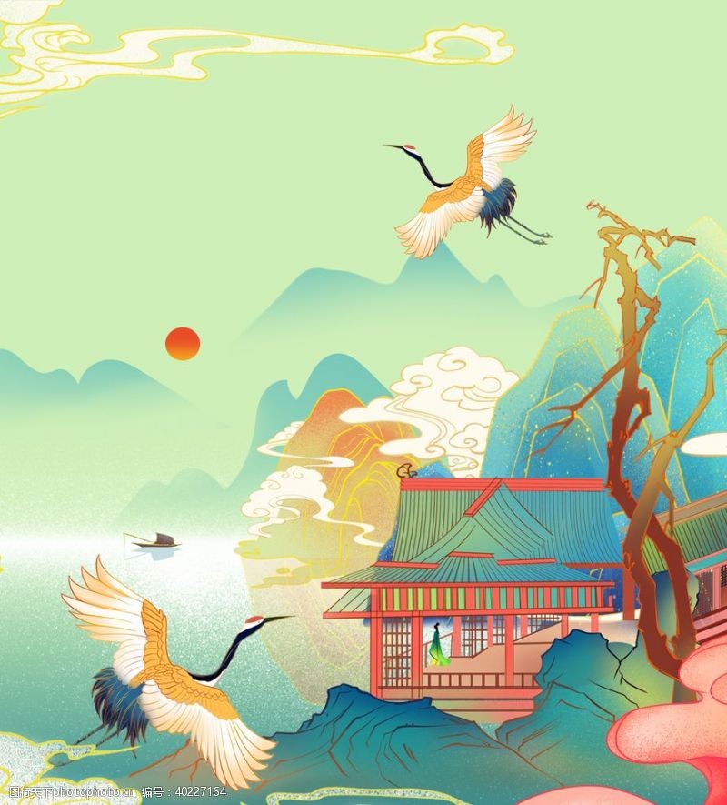 手绘古建筑中国风背景图片