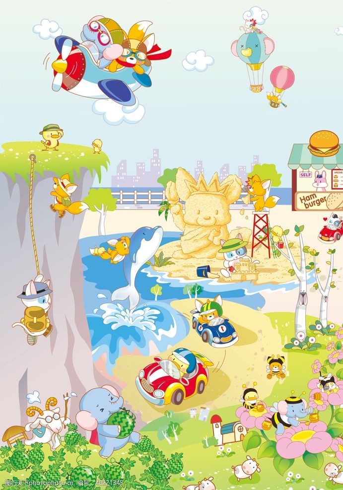 卡通蜜蜂动物沙滩乐园海报图片