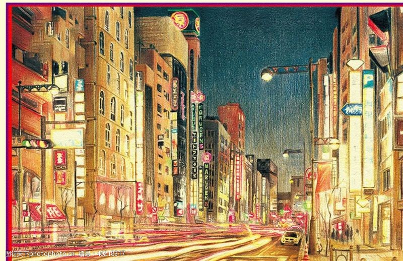 彩铅夜街图片