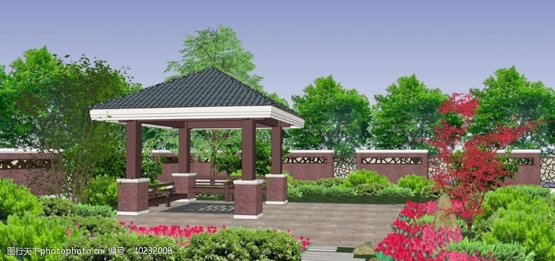 小亭子中式私家庭院园林景观效果图图片