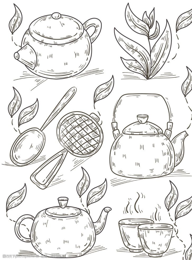 茶道茶壶茶叶线条图片