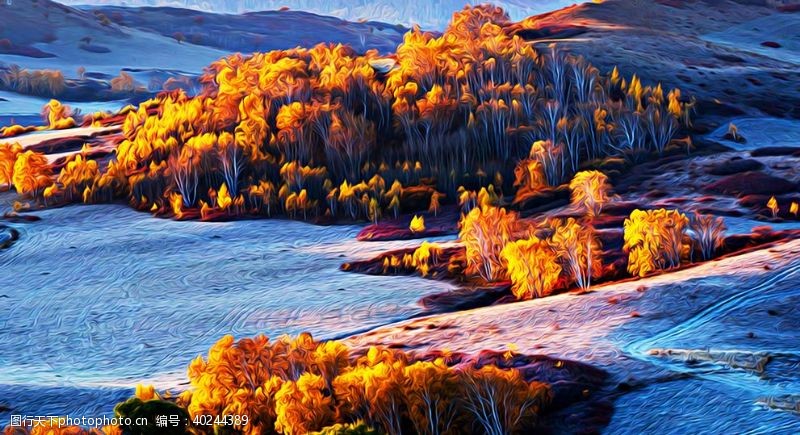 树叶山水风景油画图片