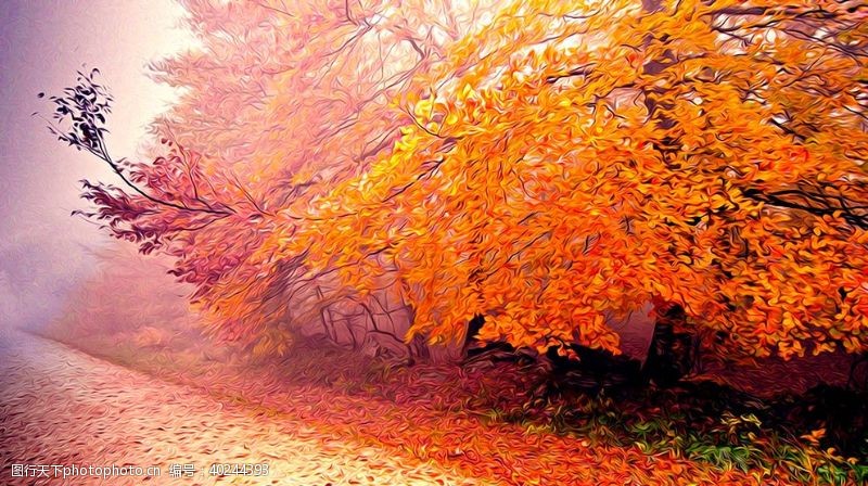 秋天枫林山水风景油画图片