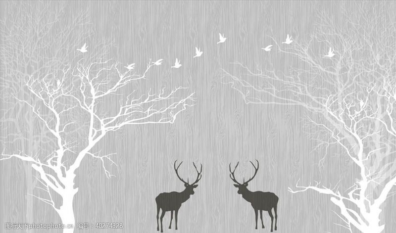 现代水墨画水墨画树鹿背景墙图片