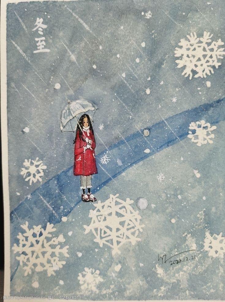 灰色雪中的姑娘水彩手绘图片