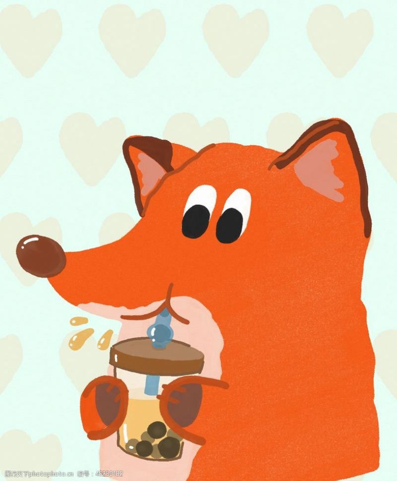 茶画矢量素材喝奶茶的小狐狸图片