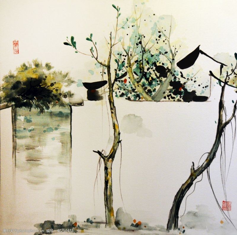 新中式背景墙江南水乡装饰画图片