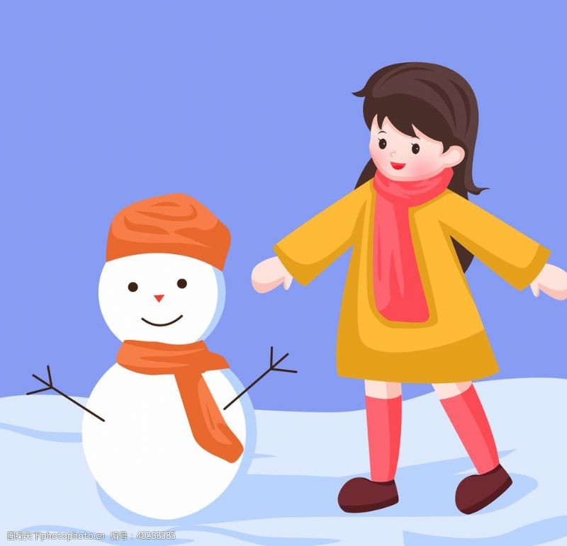 卡通女孩玩雪人图片