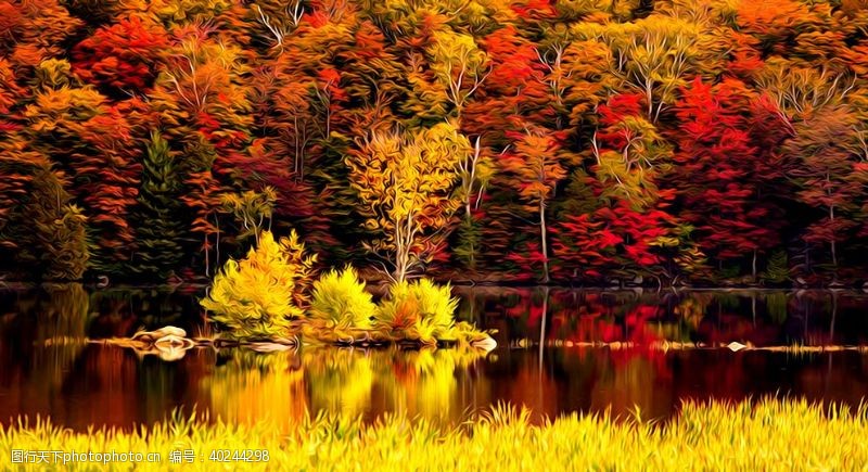树叶背景山水风景油画图片