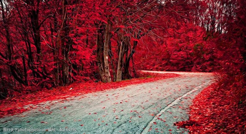 红枫叶片山水风景油画图片