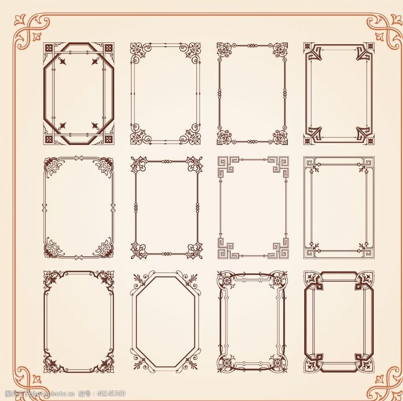 中式框画矢量复古花纹边框图片