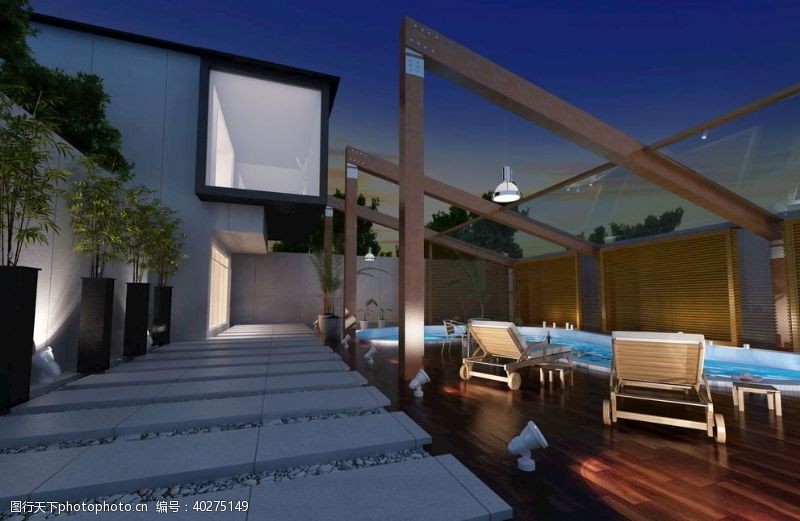 3d设计模型水岸豪庭简约别墅夜景图片