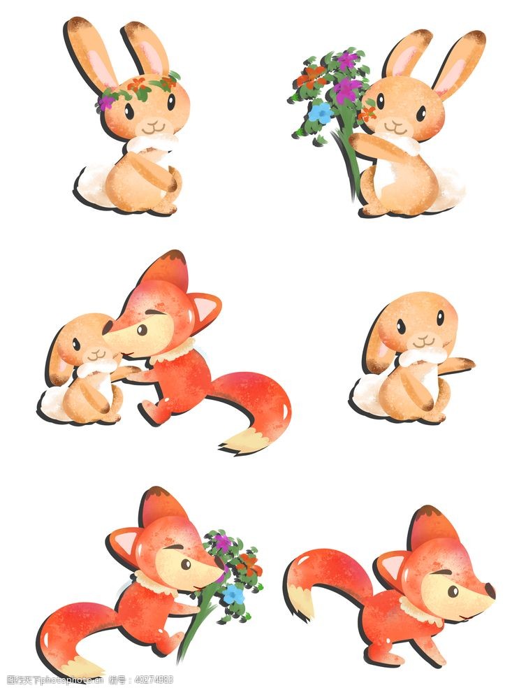 线描动物一组可爱的小狐狸插画图片