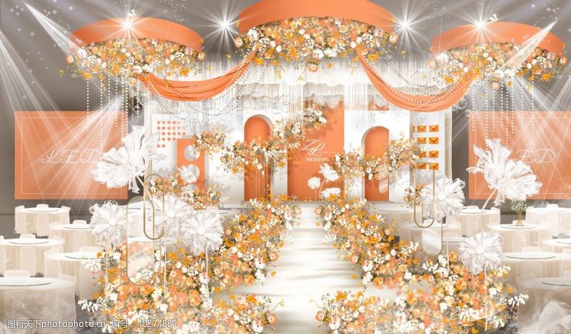 婚庆效果图白橙色婚礼主舞台效果图图片