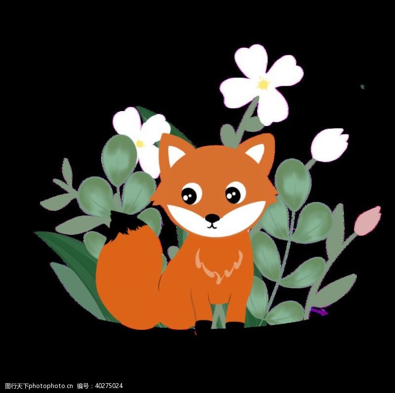 卡通小人物花丛旁的狐狸插画图片