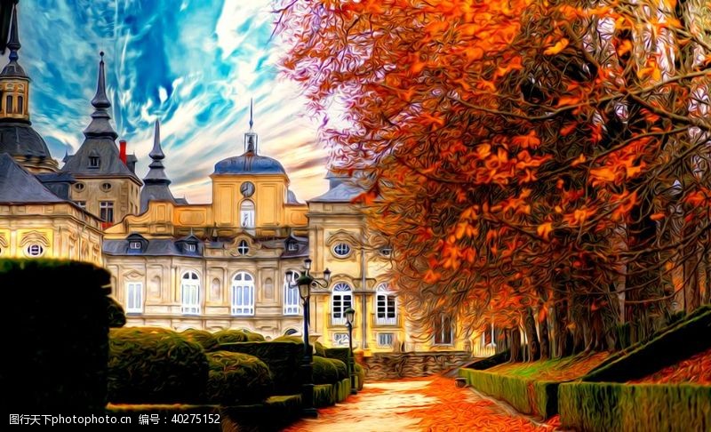 秋天枫林城堡风景油画图片