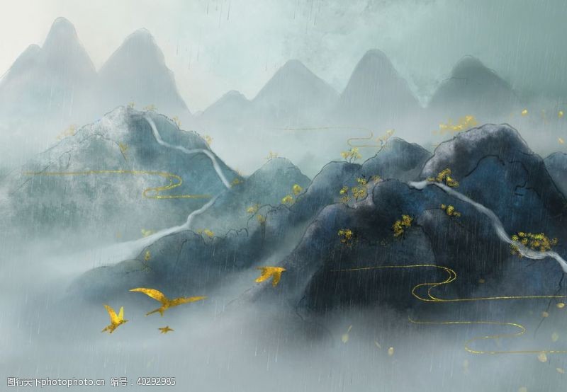 山水画背景墙山水中国风图片