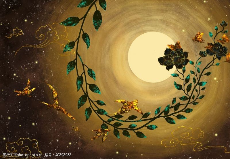金色花树背景图烫金中国风插画图片
